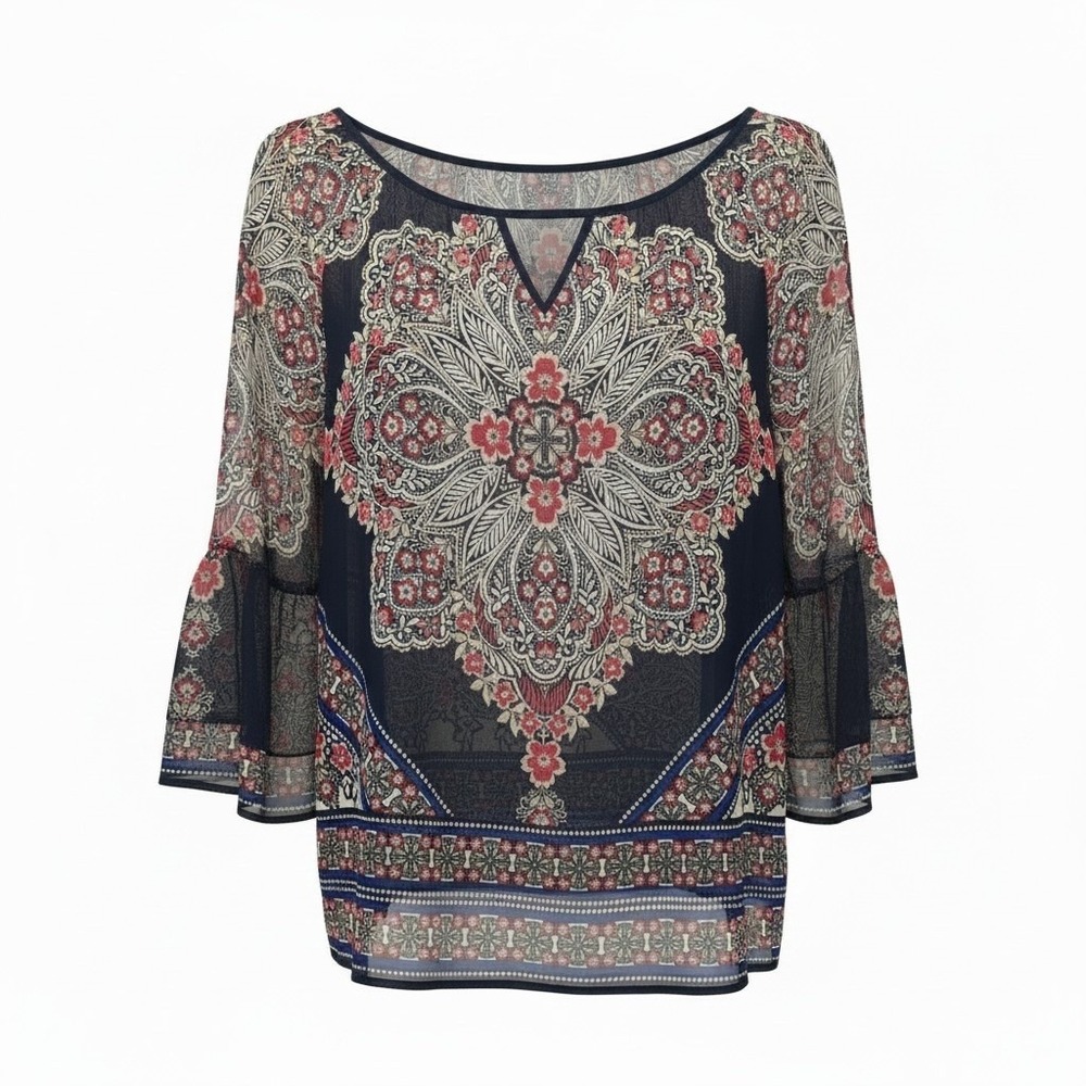 Apt 9 Paisley Medallion Chiffon Bell Sleeve Blouse XL Navy Red Boho Peasant